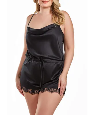 iCollection Jeanie Plus Satin Romper with Front Drape and Floral Eyelash Lace Trim