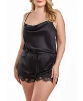 iCollection Jeanie Plus Satin Romper with Front Drape and Floral Eyelash Lace Trim