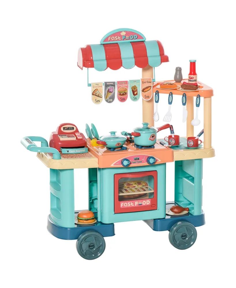 Qaba Kids Kitchen with Cash Register, Play Food, Wheels for kids 3-6