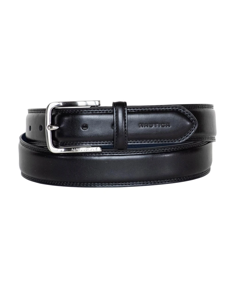 Nautica Men's Inlay Logo Signature Double Stitch Leather Belt