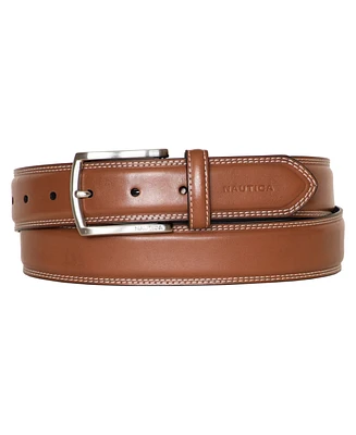 Nautica Men's Inlay Logo Signature Double Stitch Leather Belt