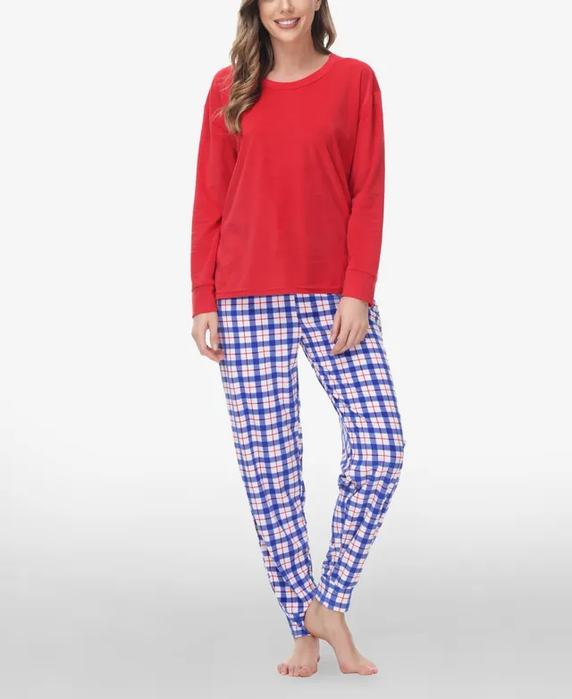 Papinelle Feather Soft Crew Neck Long Sleeve Top & Comfy Plaid Pocketed  Jogger Pajama Set