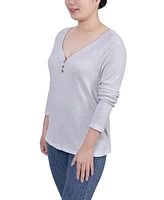 Ny Collection Petite Long Sleeve Ribbed Henley Top