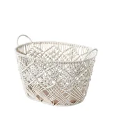 Baum Macrame Oval Cotton Rope Storage Bins with Ear Handles and Wood Base, Set of 3