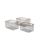 Baum Rectangular Grid Black Wire Baskets with Jute Rim and Fold Down Ear Handles, Set of 3