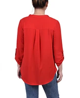 Ny Collection Petite 3/4 Sleeve Mandarin Collar Blouse with Front Pleats