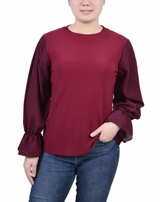 Ny Collection Petite Long Sleeve Top with Printed Sleeves