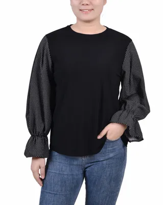 Ny Collection Petite Long Sleeve Top with Printed Sleeves