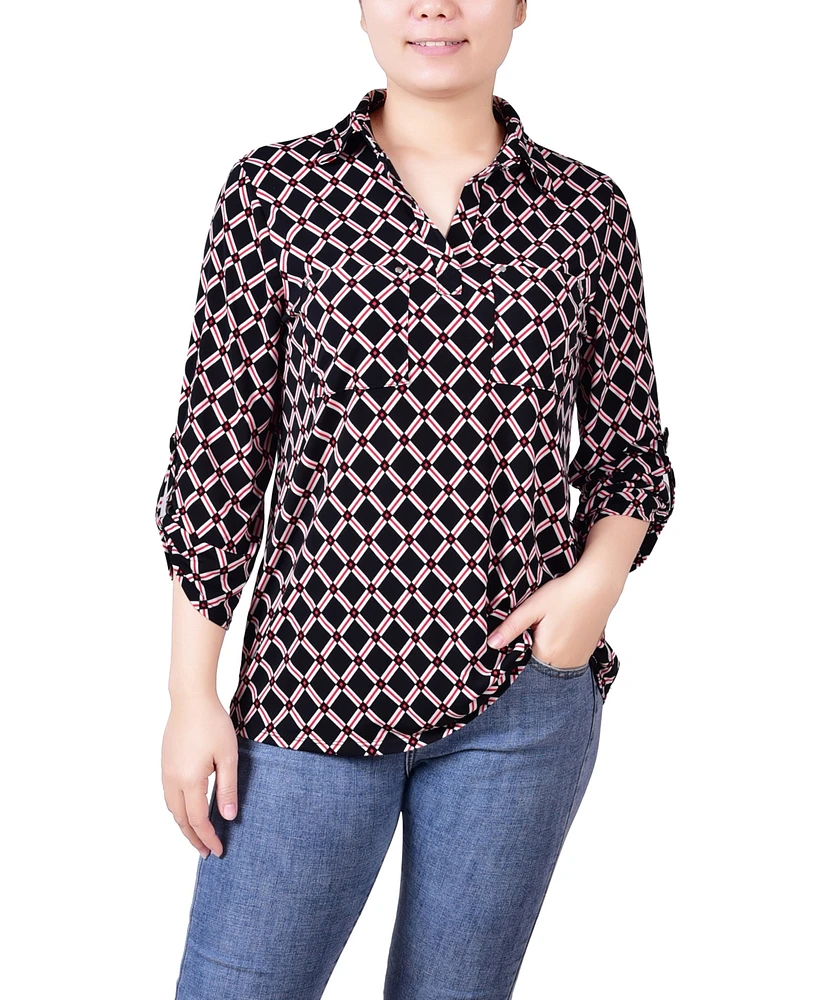 Ny Collection Petite 3/4 Ruched Sleeve Studded Y-neck Top