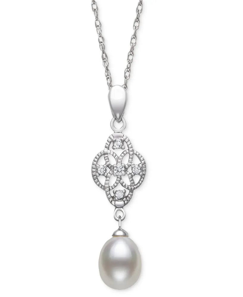 Belle de Mer Cultured Freshwater Pearl (7-8mm) & Lab-Created White Sapphire (1/10 ct. t.w.) Double Drop 18" Pendant Necklace in Sterling Silver