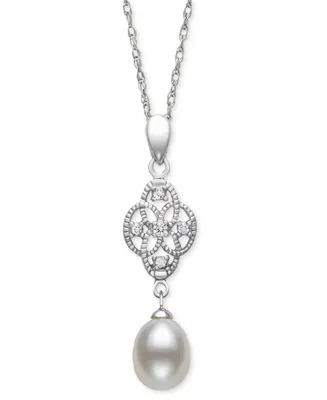 Belle de Mer Cultured Freshwater Pearl (7-8mm) & Lab-Created White Sapphire (1/10 ct. t.w.) Double Drop 18" Pendant Necklace in Sterling Silver