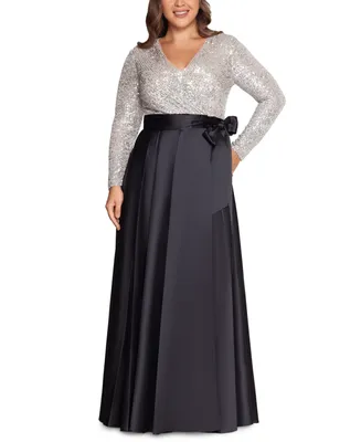 Xscape Plus Sequin-Top Solid-Skirt V-Neck Ball Gown