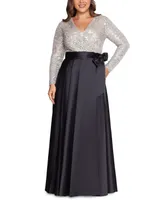 Xscape Plus Sequin-Top Solid-Skirt V-Neck Ball Gown