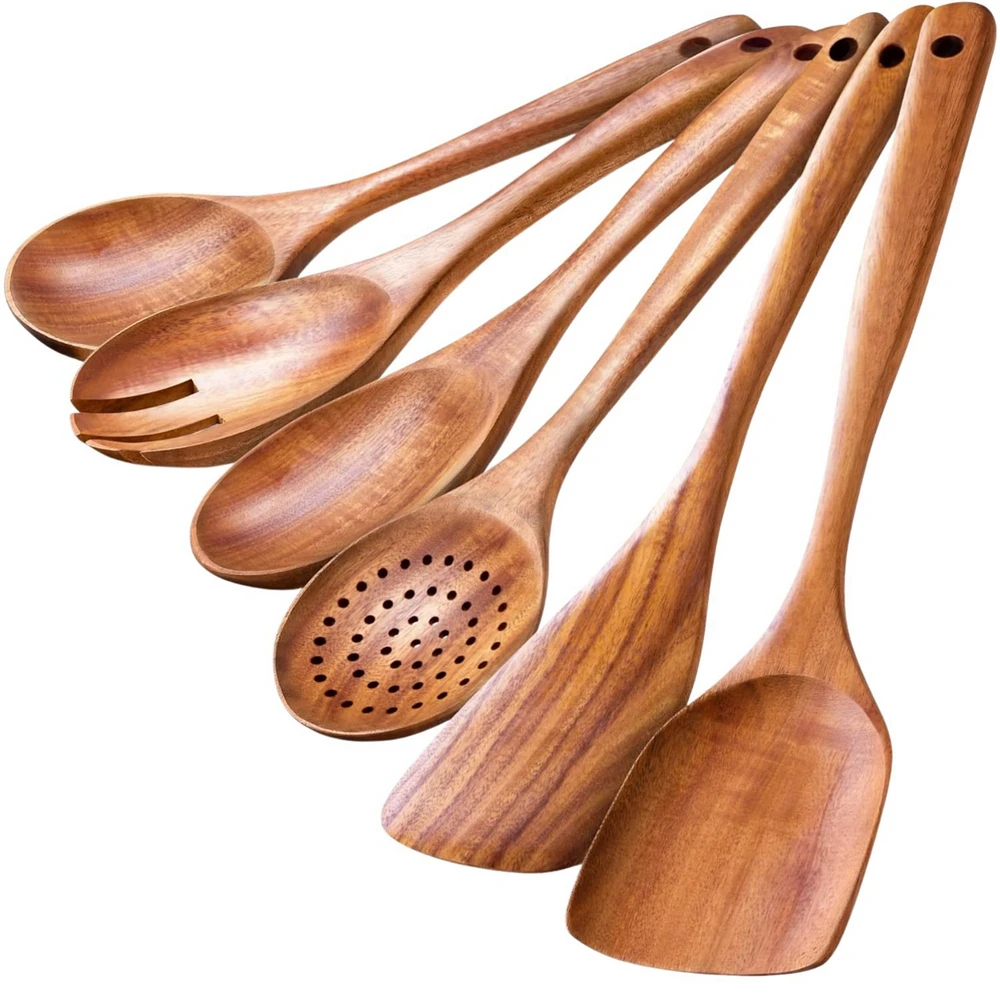 Zulay Kitchen Teak Wooden Cooking Spoons (6 PC Set) - Brown