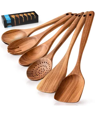 Zulay Kitchen Non-Scratch Teak Wooden Cooking Spoons 6 Piece Utensil Set