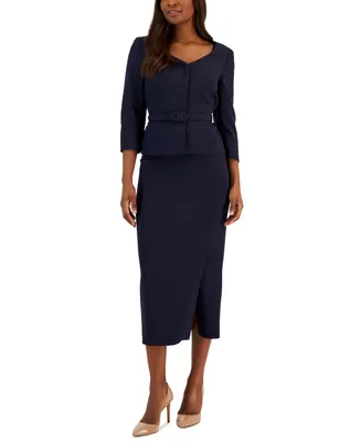 Le Suit Women's Belted Jacket 3/4-Sleeve Skirt Suit