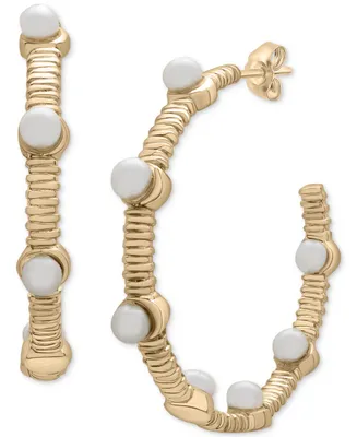 Cultured Freshwater Pearl (3mm) Textured Medium Hoop Earrings in 14k Gold-Plated Sterling Silver, 1.2"