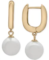 Cultured Freshwater Pearl (10mm) Dangle Huggie Hoop Earrings in 14k Gold-Plated Sterling Silver