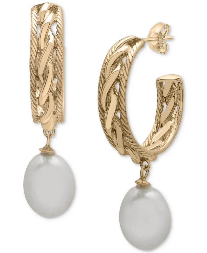 Macy's Cultured Freshwater Pearl (13 x 15mm) Dangle Hoop Earrings in 14k  Gold-Plated Sterling Silver