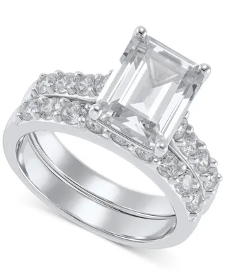 2-Pc. Set Cubic Zirconia Emerald-Cut Ring & Matching Band in Sterling Silver
