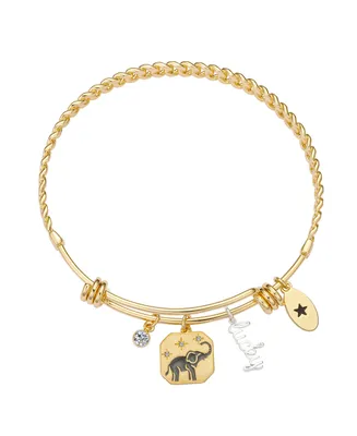 Unwritten 14K Gold Two Tone Flash-Plated Brass Cubic Zirconia Lucky Elephant Charms on A Link Design Bangle Bracelet - Gold Plated, Two