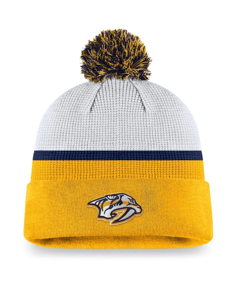 Men's Fanatics White, Gold Nashville Predators Authentic Pro Draft Cuffed Knit Hat with Pom