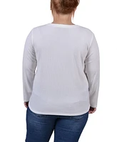 Ny Collection Plus Size Long Sleeve Ribbed Button Detail Top