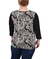 Ny Collection Plus 3/4 Sleeve Puff Print Cutout Top