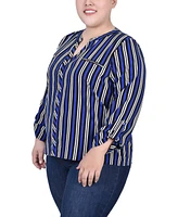 Ny Collection Plus Size Long Roll Tab Sleeve Zip Pocket Blouse