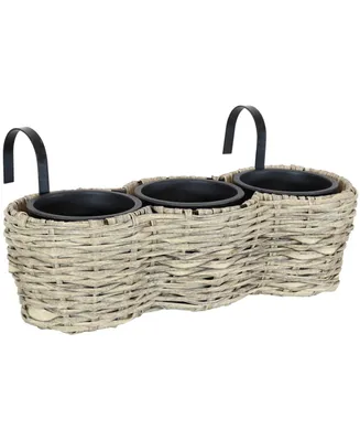 Sunnydaze Decor Indoor/Outdoor Round Polyrattan Over-the-Rail Tri-Planter with 3 Black Liners - Charcoal - Frost