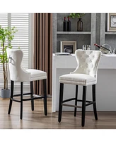Tufted Upholstered Velvet Bar Stool with Metal Footrest (Set of 2