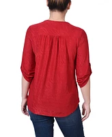 Ny Collection Women's 3/4 Roll Tab Zip Front Jacquard Knit Top
