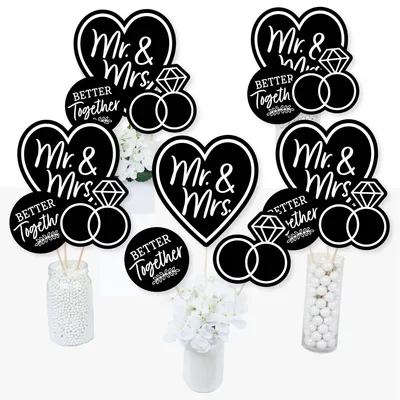 Mr. and Mrs. - Black & White Wedding Centerpiece Table Toppers - 15 Ct