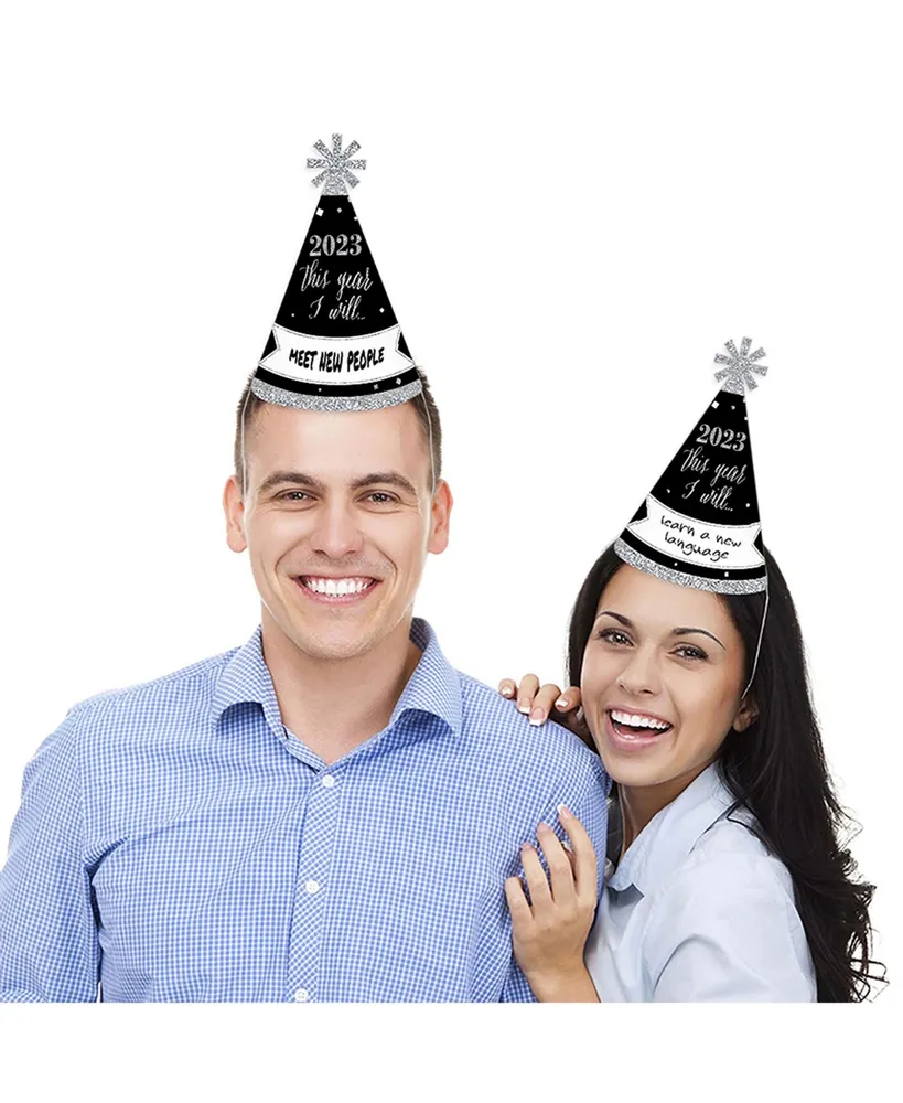 New Year's Eve - Silver - 2024 Cone New Years Eve Resolution Party Hats - 8 Ct