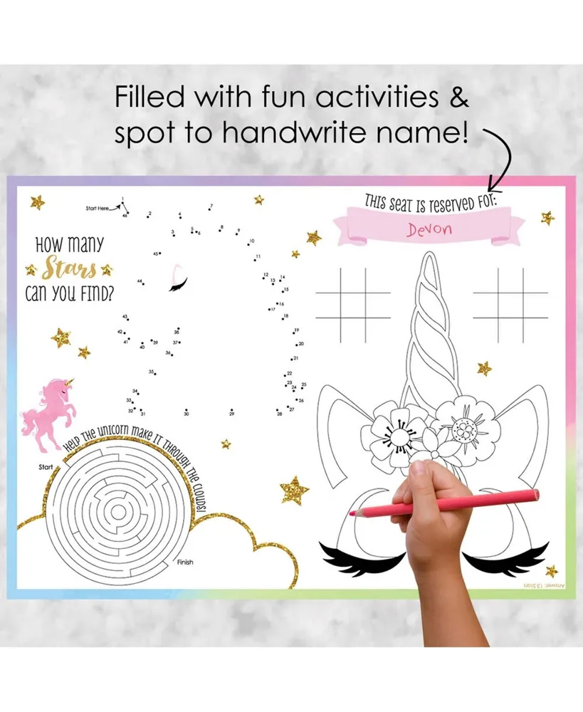 Rainbow Unicorn - Paper Magical Coloring Sheets - Activity Placemats - Set of 16