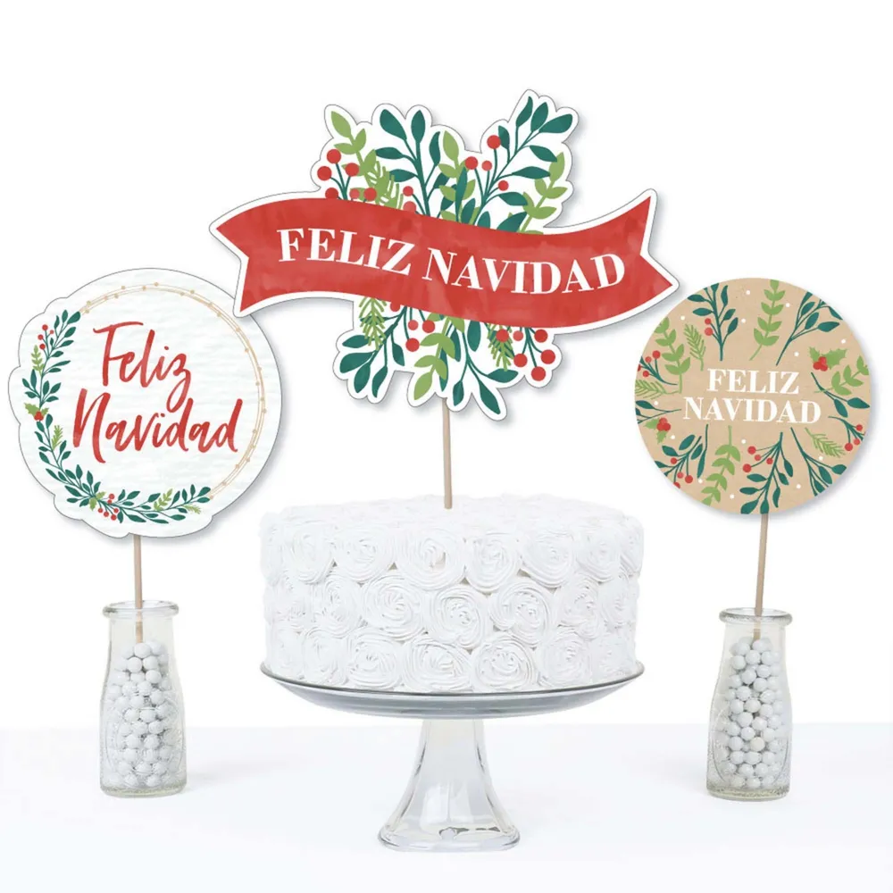 Feliz Navidad - Holiday or Spanish Christmas Centerpiece Table Toppers - 15 Ct