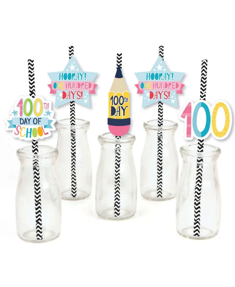 Big Dot Of Happiness Happy 100th Day of School - Paper Straw Decor - 100  Days Striped Straws - 24 Ct - Assorted Pre