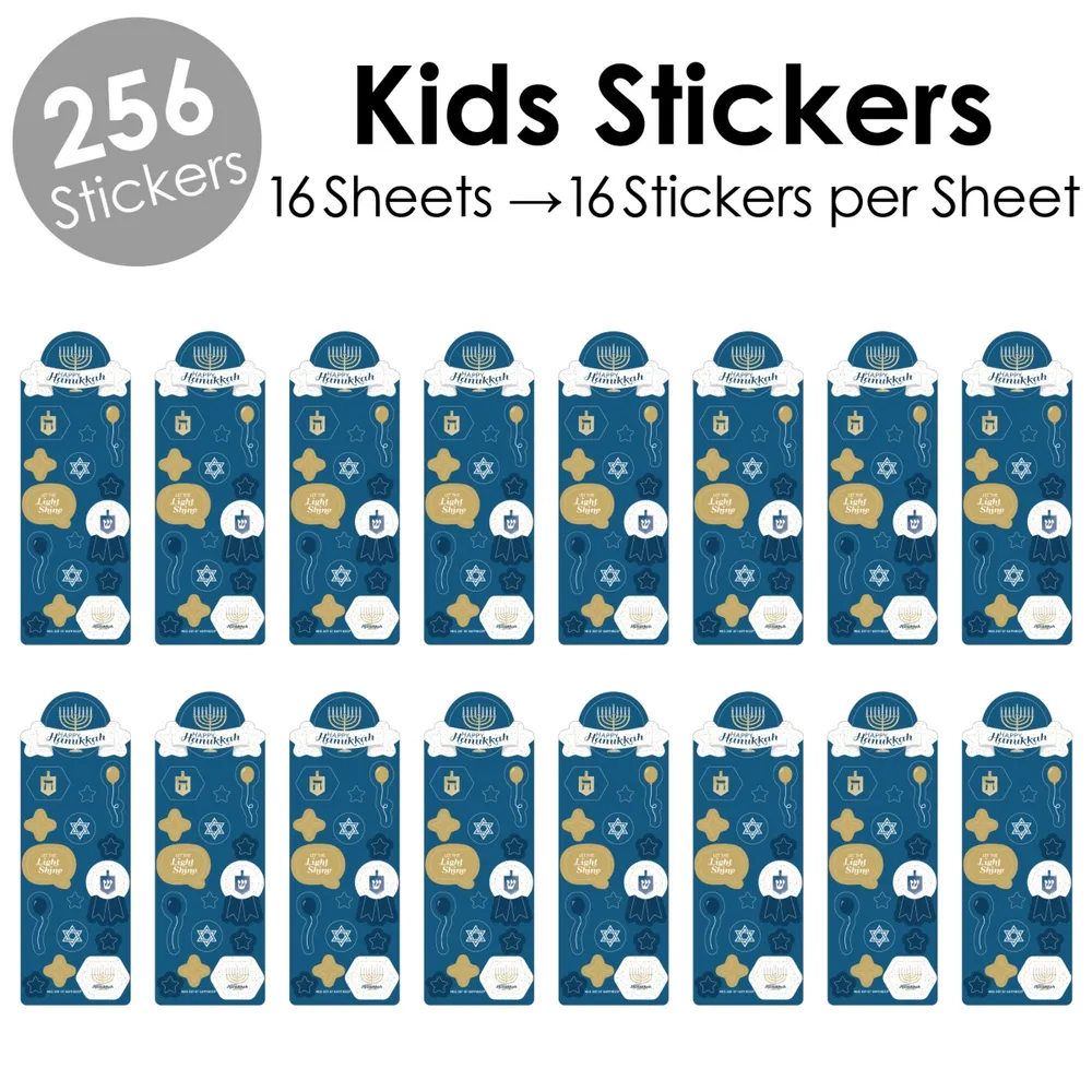 Happy Hanukkah - Chanukah Holiday Favor Kids Stickers - 16 Sheets - 256 Stickers