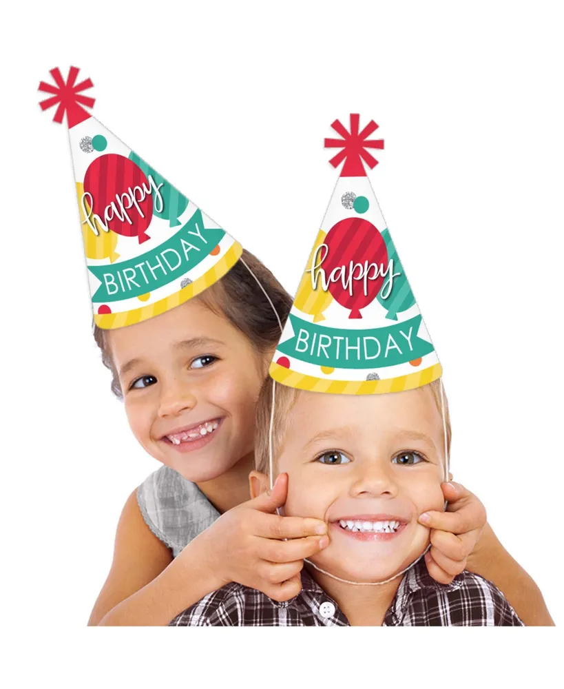 Colorful Happy Birthday - Cone Happy Birthday Party Hats Standard Size 8 Count - Assorted Pre