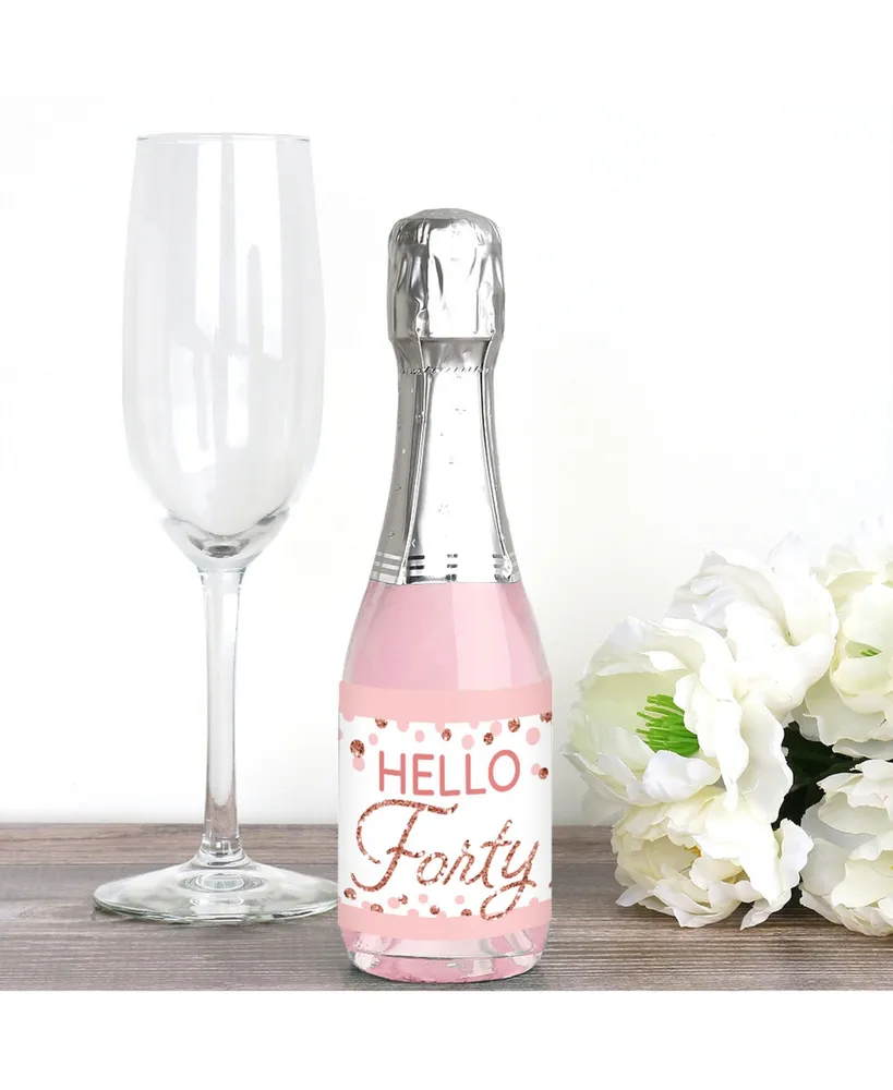 40th Pink Rose Gold Birthday Mini Wine Bottle Labels Party Favor 16 Ct