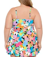 Swim Solutions Plus Size Tummy Control Bow-Front Printed Swimdress, Created for Macy's