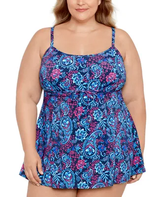 Swim Solutions Plus Tummy Control Printed Tie-Waist Dress, Created for Macy's