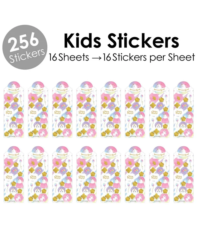 Rainbow Unicorn - Magical Unicorn Favor Kids Stickers - 16 Sheets - 256 Stickers