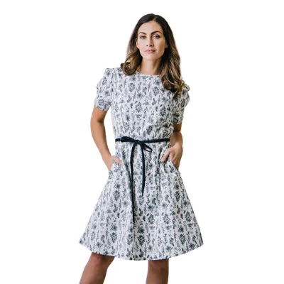 Hope & Henry Women's Short Pleated Sleeve Woven Dress with Waist Tie