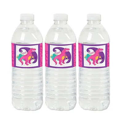 Roar Dinosaur Girl - Dino Mite T-Rex Party Water Bottle Sticker Labels - 20 Ct