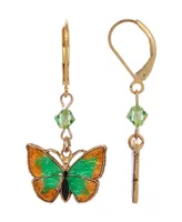 2028 Women's Gold-Tone Drop Green and Yellow Butterfly Earrings