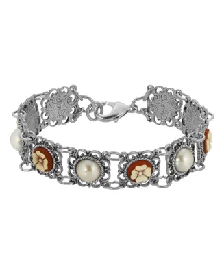 2028 Pewter Round Cornalian Cameo and Cultura Imitated Pearl Bracelet