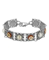 2028 Pewter Round Cornalian Cameo and Cultura Imitated Pearl Bracelet