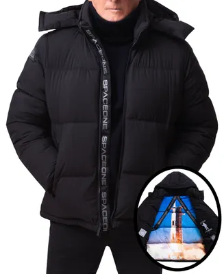 Space One Men's Nasa Inspired Hooded Puffer Jacket with Printed Astronaut Interior