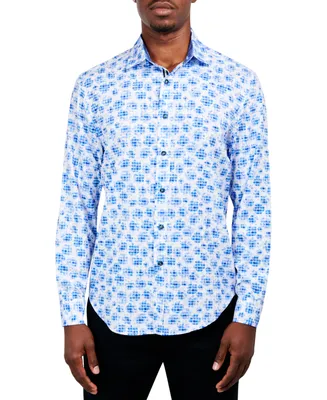 Society of Threads Men's Slim-Fit Performance Stretch Abstract Floral/Gingham Long-Sleeve Button-Down Shirt